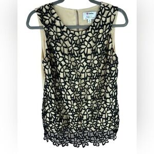 Lela Rose Neiman Marcus tan black crochet silk sleeveless floral lace top M